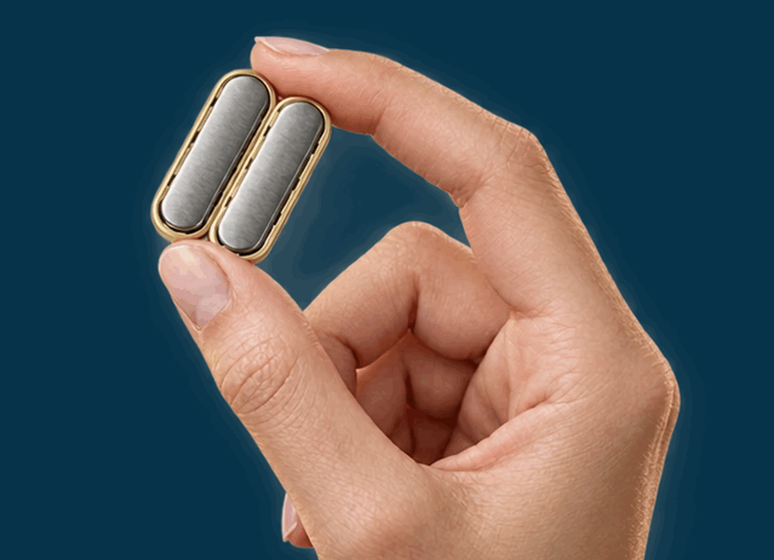 Two small magnets resting in an open hand